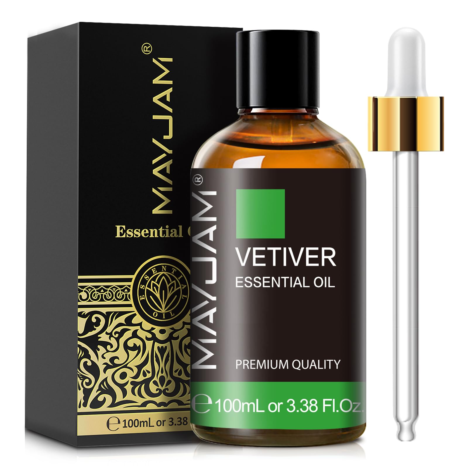 MAYJAM Vetiver Essential Oil 100ML/3.38FL.OZ, Premium Grade for Diffuser, Aromatherapy Oils for Skin, Perfumes, Candles, Soaps
