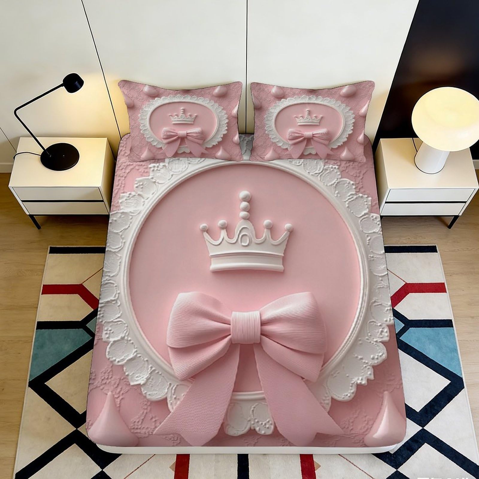 3D Printed Pink Princess Crown Fitted Sheet Microfiber Soft Bow Bed Cover for Bedroom Dorm Decorative Bedding 180x200x25cm