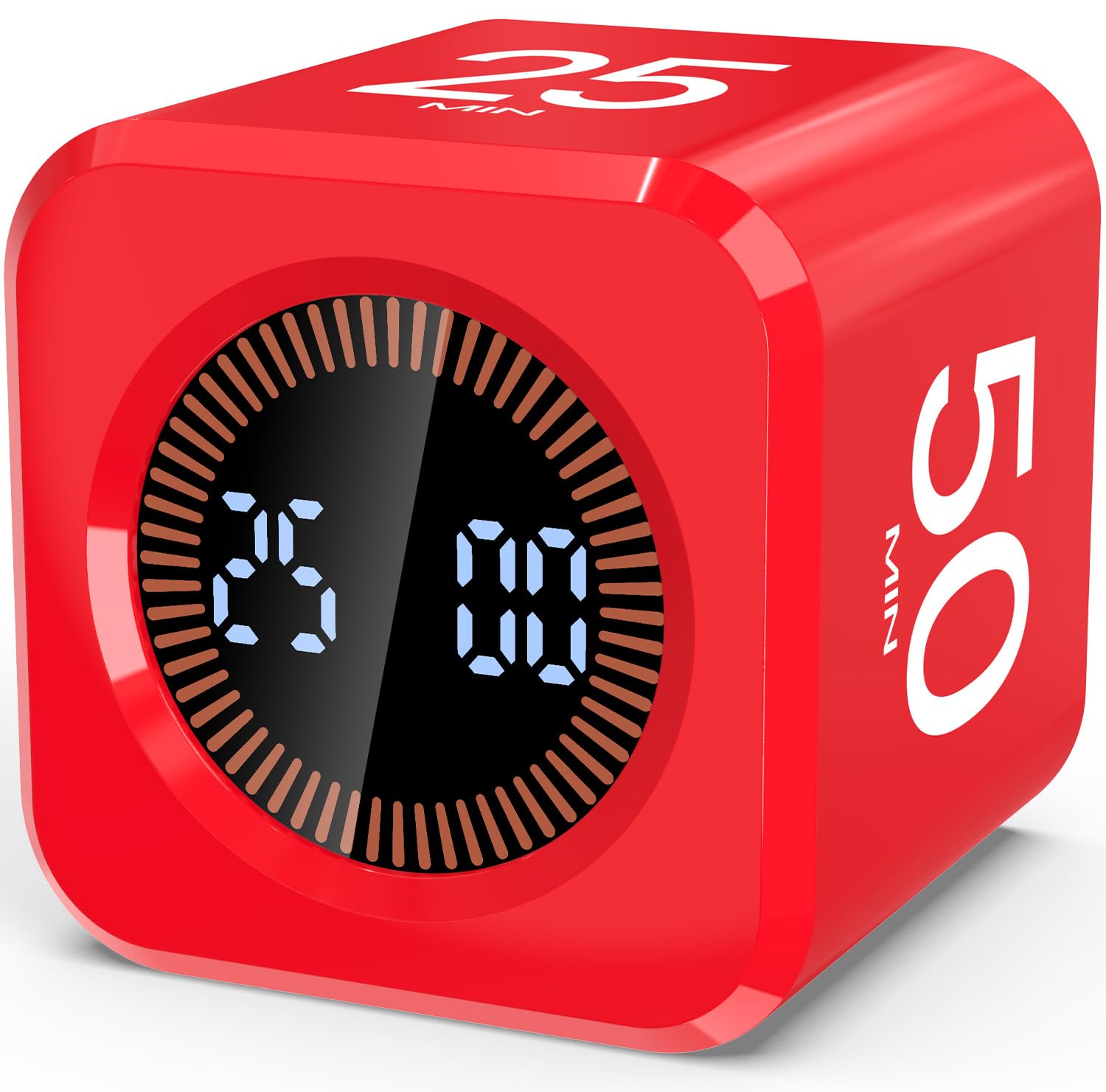 Pomodoro Timer Cube, Visueller Würfel-Timer für Kinder, Digitale LED Drehbarer Timer mit 5/10/25/50 Min & Custom Countdown, Lautlos/Ton Modi, USB-C für Lernen, Arbeit, Küche, ADHS