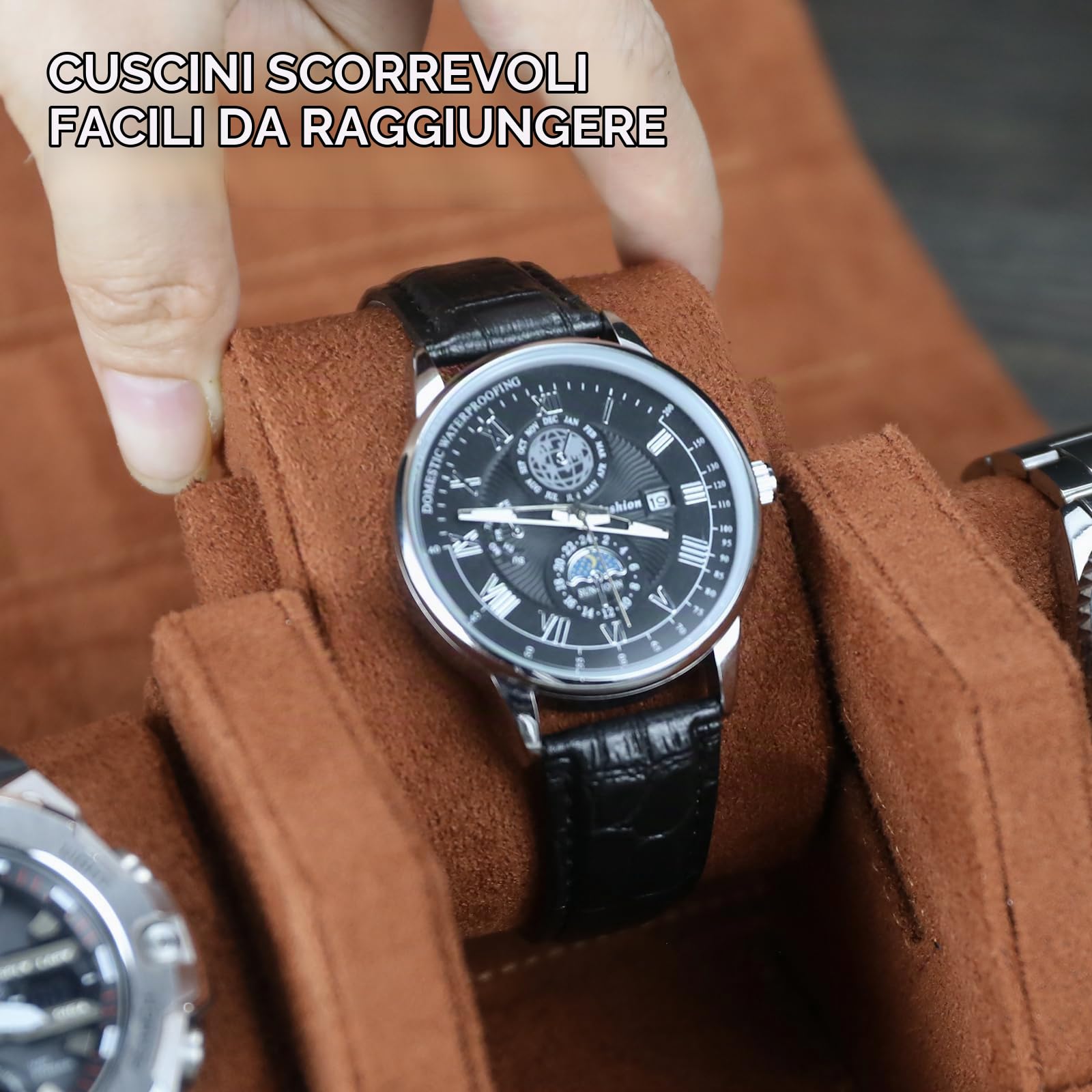 Porta Orologi Uomo 4 Posti, Scatola Porta Orologi Uomo 4 Posti, da Viaggio in Pelle PU, Portatile Scatola per, Donna (Nero/Marrone)