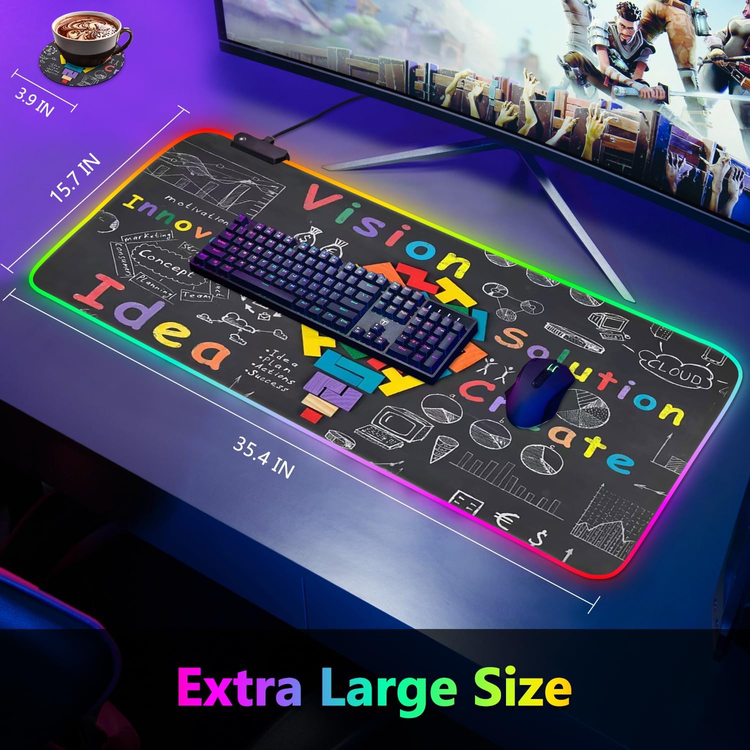 YQE RGB Gaming Mouse Pad, 35.4"x15.7" Desk Mat for Keyboard and Mouse, LED Game Mousepad with 14 Colors Modes, Non-Slip Desk Pad Matt Protector+Coasters-for Home, Office, Desktop Creative Bulb