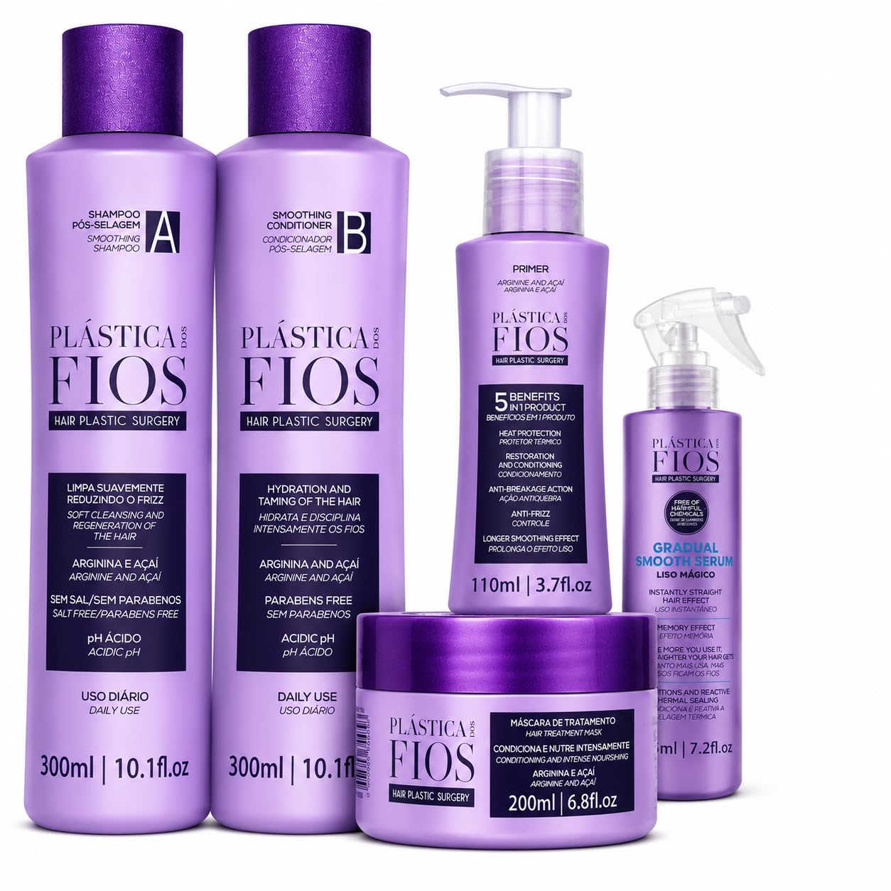 Plastica dos Fios Complete Kit 6 Units - Hair Repair System – Brazilian Keratin - Anti-Frizz Shampoo, Conditioner, Primer, Mask & Serum -Deep Hydration, Smoothing & Shine Boost for All Hair Types