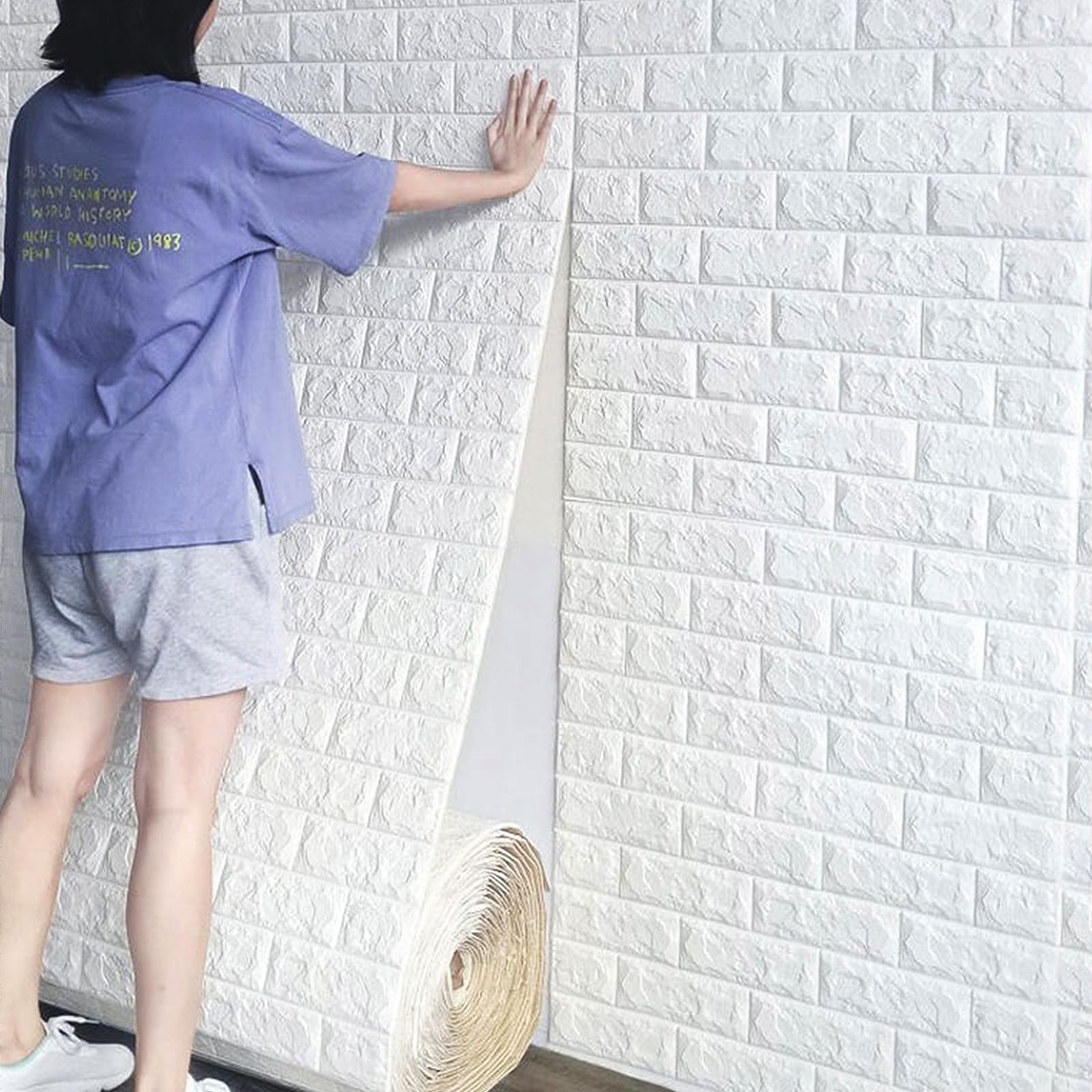3D Pannelli murali autoadesivi bianchi 50 cm x 10 m, carta da parati effetto pietra bianca, adesivi murali impermeabili, carta da parati adesiva effetto pietra per cucina, camera da letto, bagno