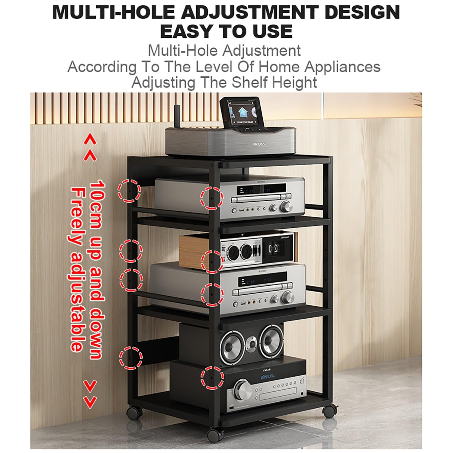 Audio AV Tower Media Stand Mobile Multimediale Audio-Video con Ruote Universali Mobile Stereo HiFi Rack Supporto Rack Audio Mobile per Soggiorno Sala Teatro Sala Giochi.(Black,50x40x48.5cm)