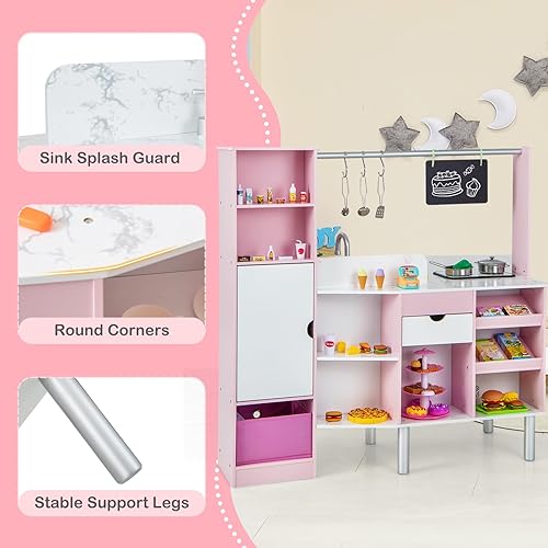 Miniatura 9 de Costzon Juego de cocina 2 en 1 para niños y tienda de comestibles, cocina de juego de simulación de doble cara con luz y sonido, máquina de hielo,