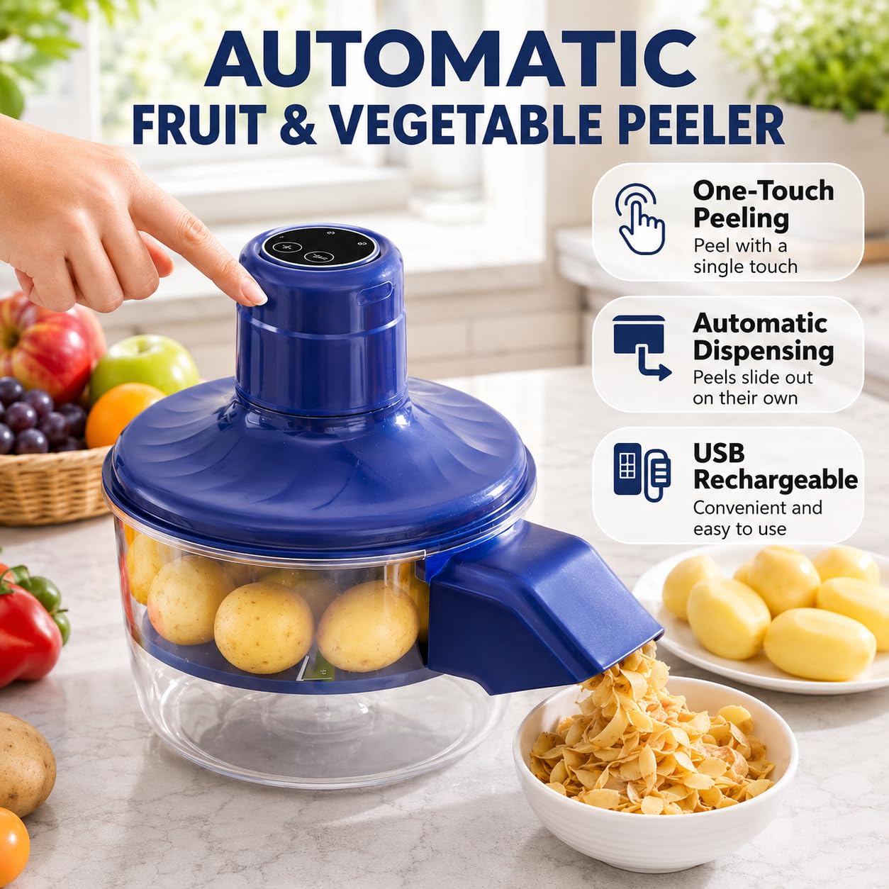 Éplucheur de pommes de terre électrique rechargeable, éplucheur automatique de légumes et de fruits avec lame en acier inoxydable pour éplucher facilement les pommes de terre, les carottes et l'ail