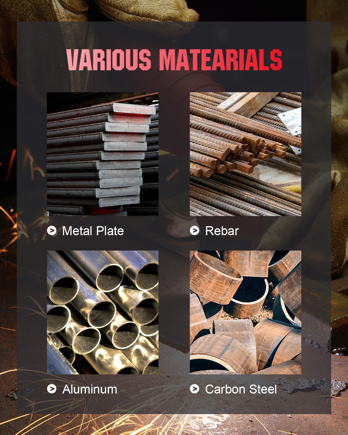 ANDELI CUT60Y Plasma Cutter cutting various materials like metal plate, rebar, aluminum, and carbon steel