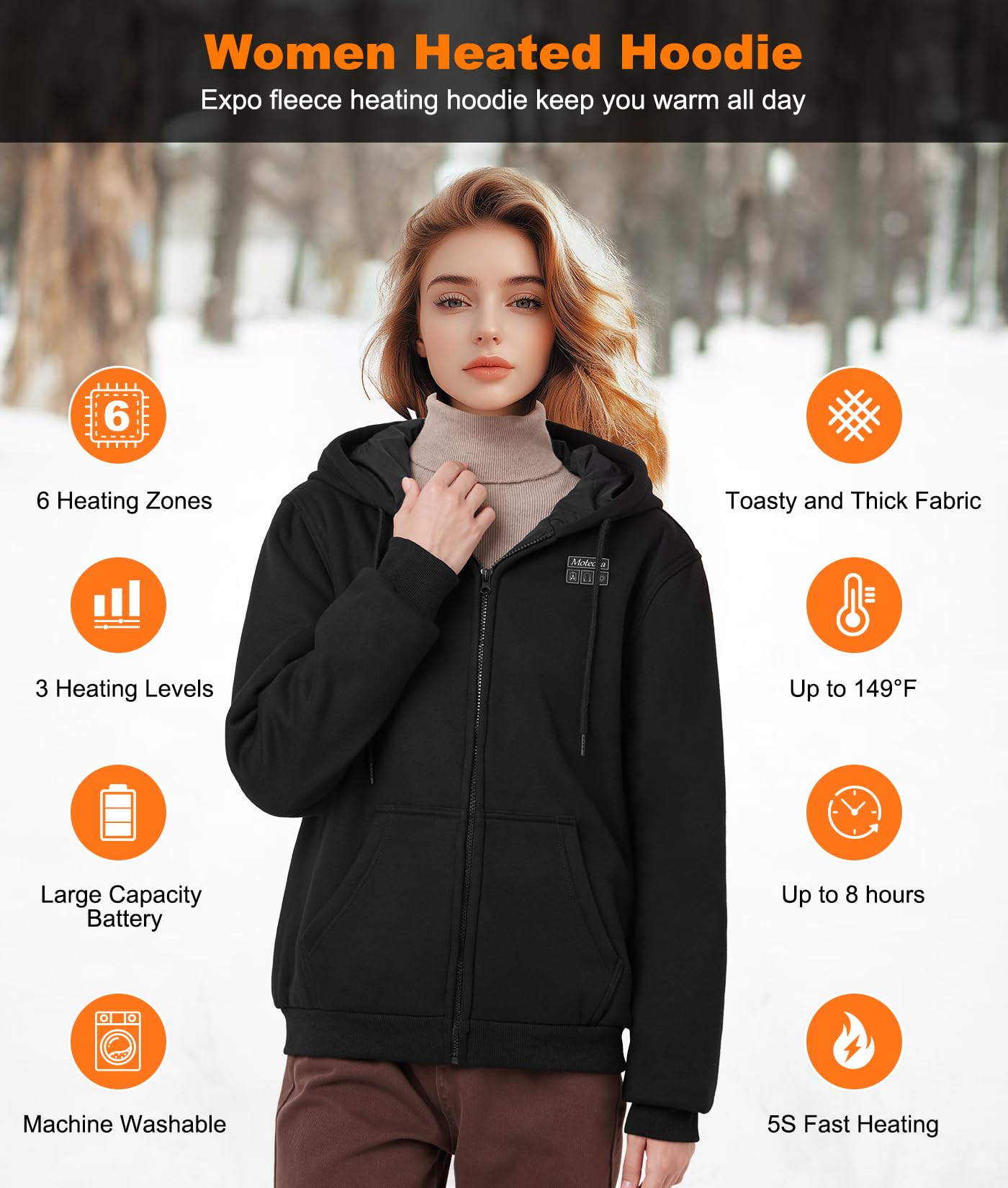 Sudadera con Capucha Calefactable para Mujer con Batería de 16000 mAh 5 Zonas Calefactables 3 Niveles de Temperatura Eléctrico Sudadera Caliente Cremallera para Invierno Al Aire Libre, S