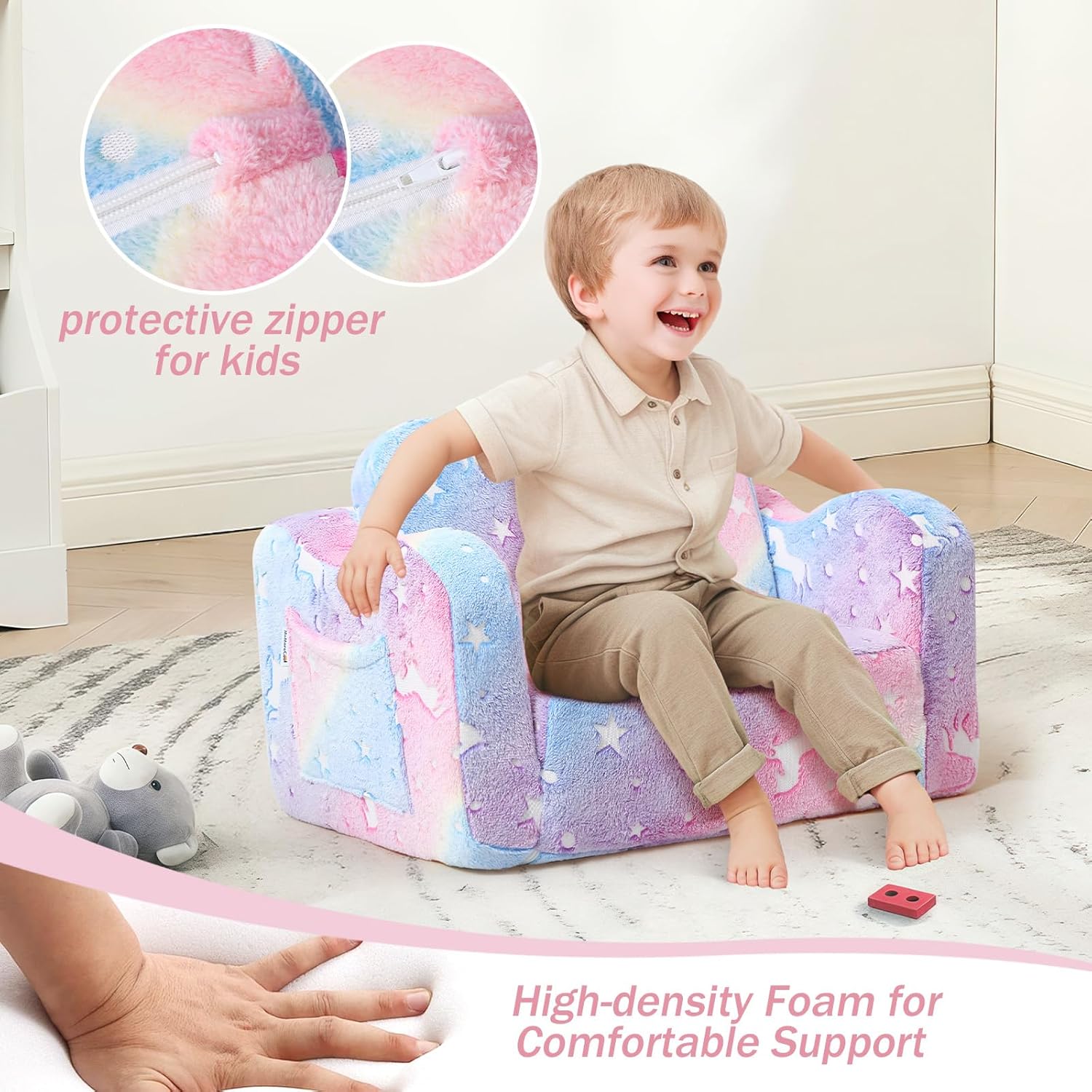 MeMoreCool Toddler Chair & Sofa Bed – Glow‑in‑The‑Dark Unicorn Design | Convertible Fold‑Out Plush Couch for Kids Ages 1‑5, Machine‑Washable Cover, Ideal for Playroom, Naps, Travel - Image 7