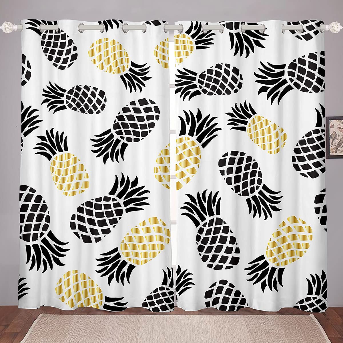 3D Pineapple Print Window Curtain Tropical Fruits Curtains Children Boys Girls Microfiber Curtains W46*L54