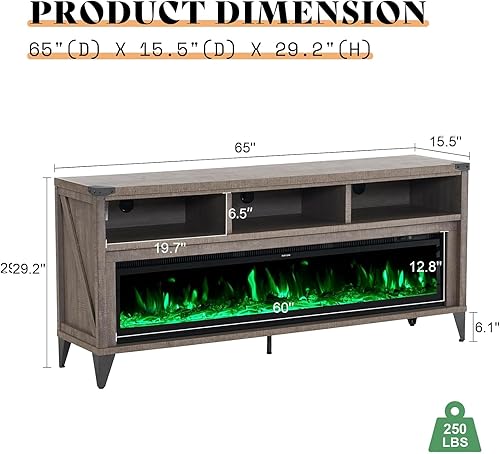 Miniatura 4 de AMERLIFE Soporte de TV con chimenea de 65 pulgadas con chimenea eléctrica de cristal de 60 pulgadas, centro de entretenimiento multimedia industrial