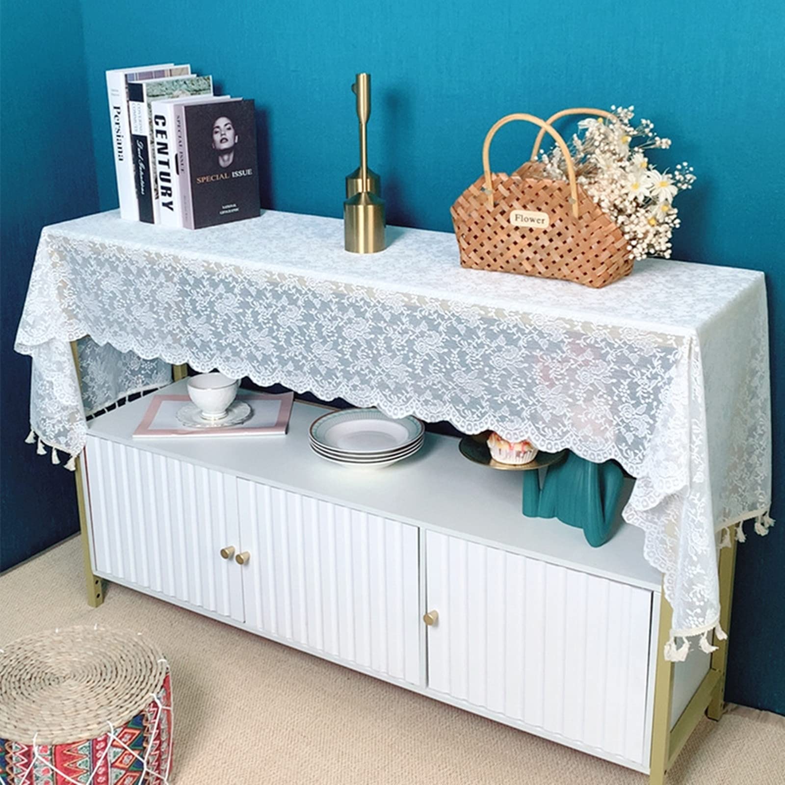 Tischläufer Modern Polyester, Tischläufer Landhausstil 60x260 cm, Weiße Spitze mit Rosenstickerei