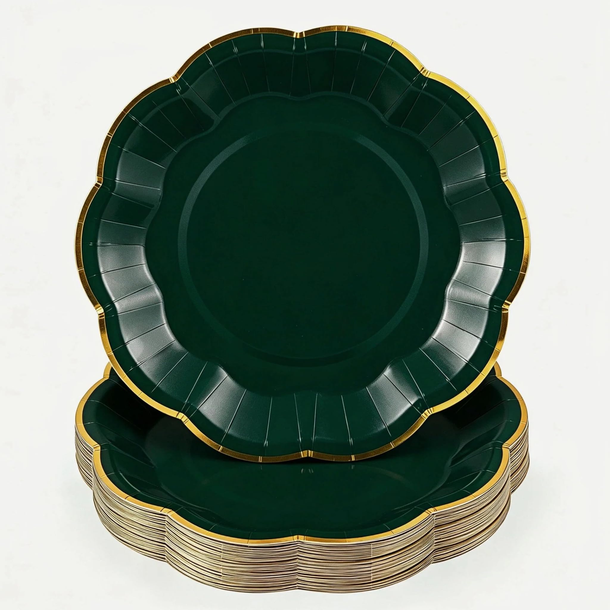 30 Pcs Green Paper Plates with Gold Trim 7 Inch Scalloped Dinner Plates