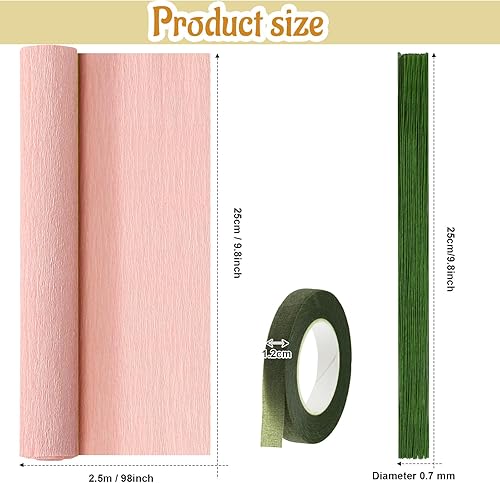 Miniatura 10 de 57 piezas de papel crepé, kit de bricolaje, 6 rollos de papel crepé de 1.57 onzas, 50 piezas de alambre de hierro floral verde, 1 rollo de cinta