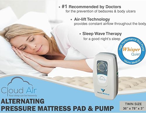 Miniatura 3 de Vaunn Medical Cloud Air Whisper - Cubrecolchón silencioso de presión de aire alterna con bomba, tamaño individual, 36 x 78 x 3 pulgadas