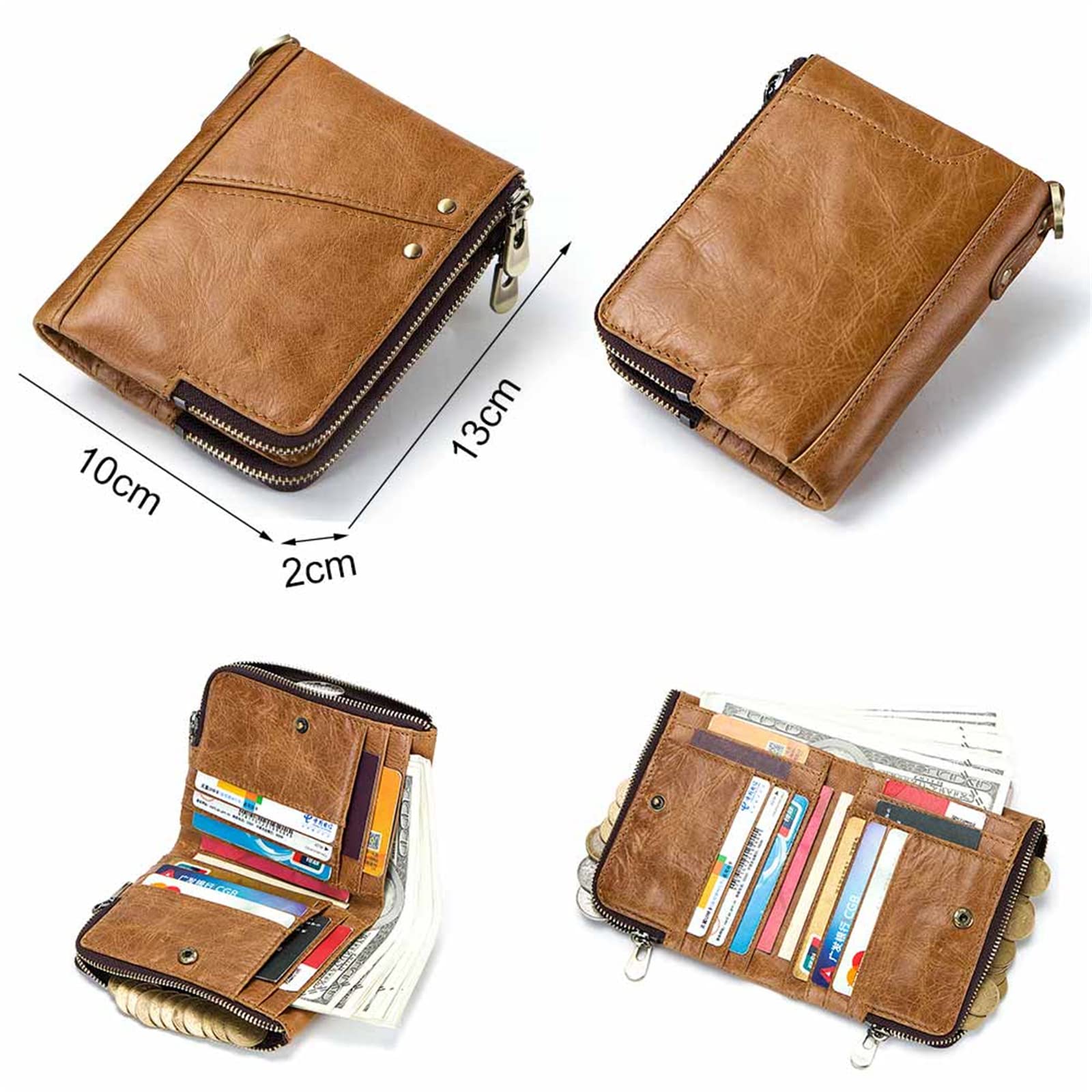 Soyeacrg Portafoglio da Uomo in Vera Pelle di Vacchetta con Blocco RFID Portafogli in Vera Pelle con Catena e Doppia Tasca Portamonete con Cerniera 12 Porta Carte di Credito Confezione Regalo,Black