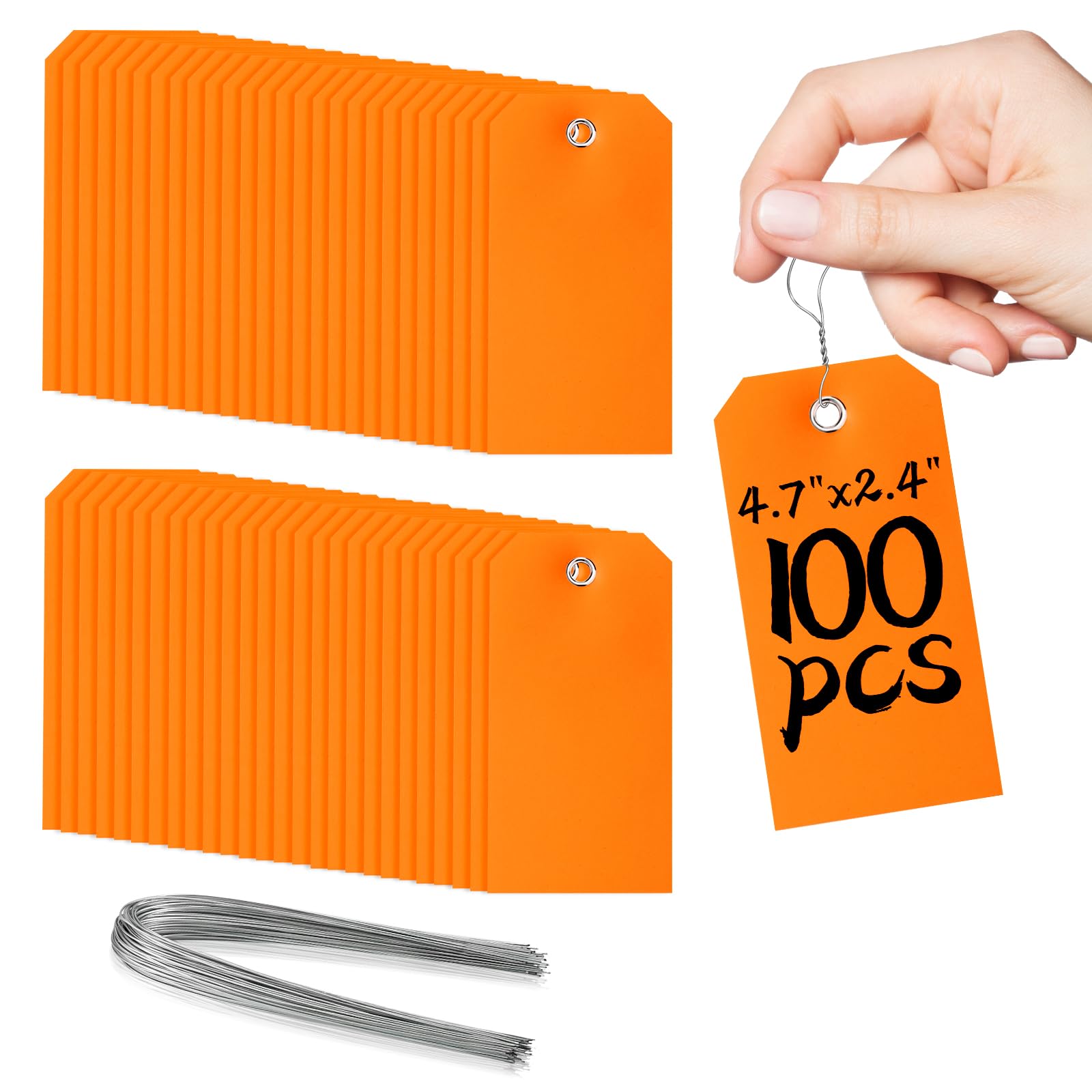 100 Pcs Marking Tags with String Rectangle Plastic Hang Tags Waterproof Orange Tags Wire Tags Write On Tie On Labels Tags for Auto Parts Luggage Garage Inventory DIY Price (Orange, 4 3/4" x 2 3/8")