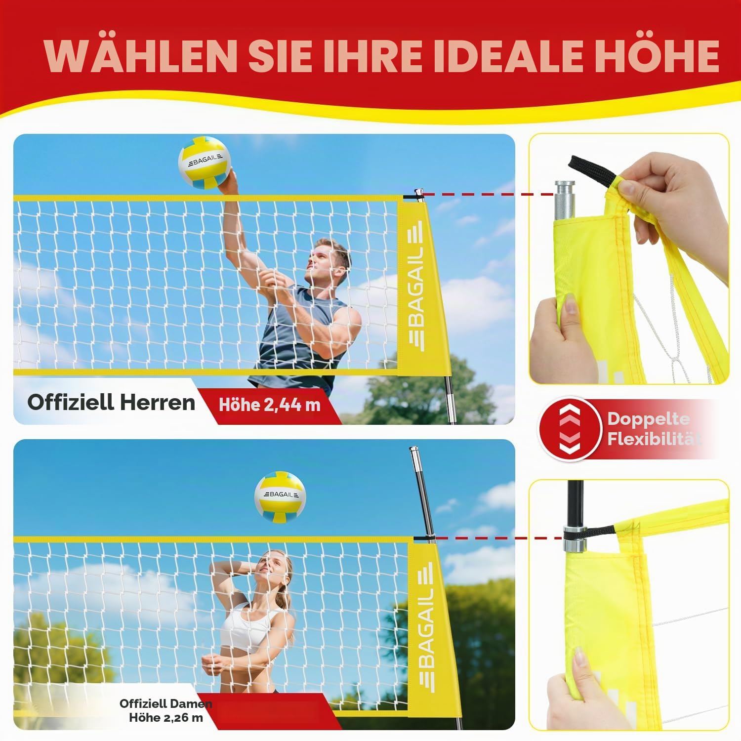 BAGAIL Volleyballnetz, 3.6m/6.1m Volleyballnetz für den Garten - Verstellbare Höhe, Heavy-Duty-Rahmen, Freistehendes Design - Tragbares Outdoor/Indoor-Volleyball-Set mit Tragetasche