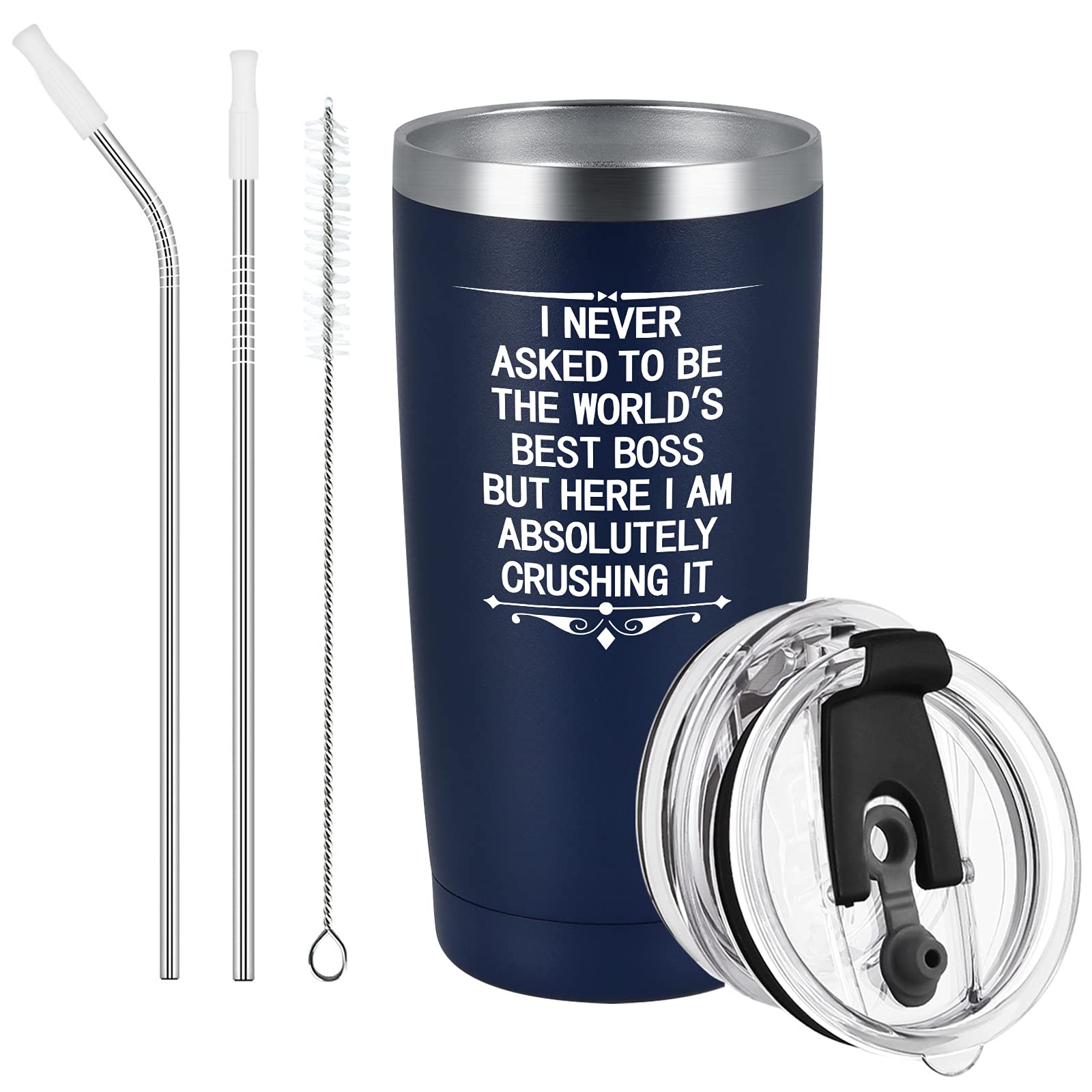 GINGPROUS Boss Gift Tumbler I NEVER ASKED TO BE THE WORLD'S BEST BOSS, 20 Oz Funny Stainless Steel Tumbler with Lid, Unique Boss Travel Tumbler for Men Male Boss Manager Director Employer, White