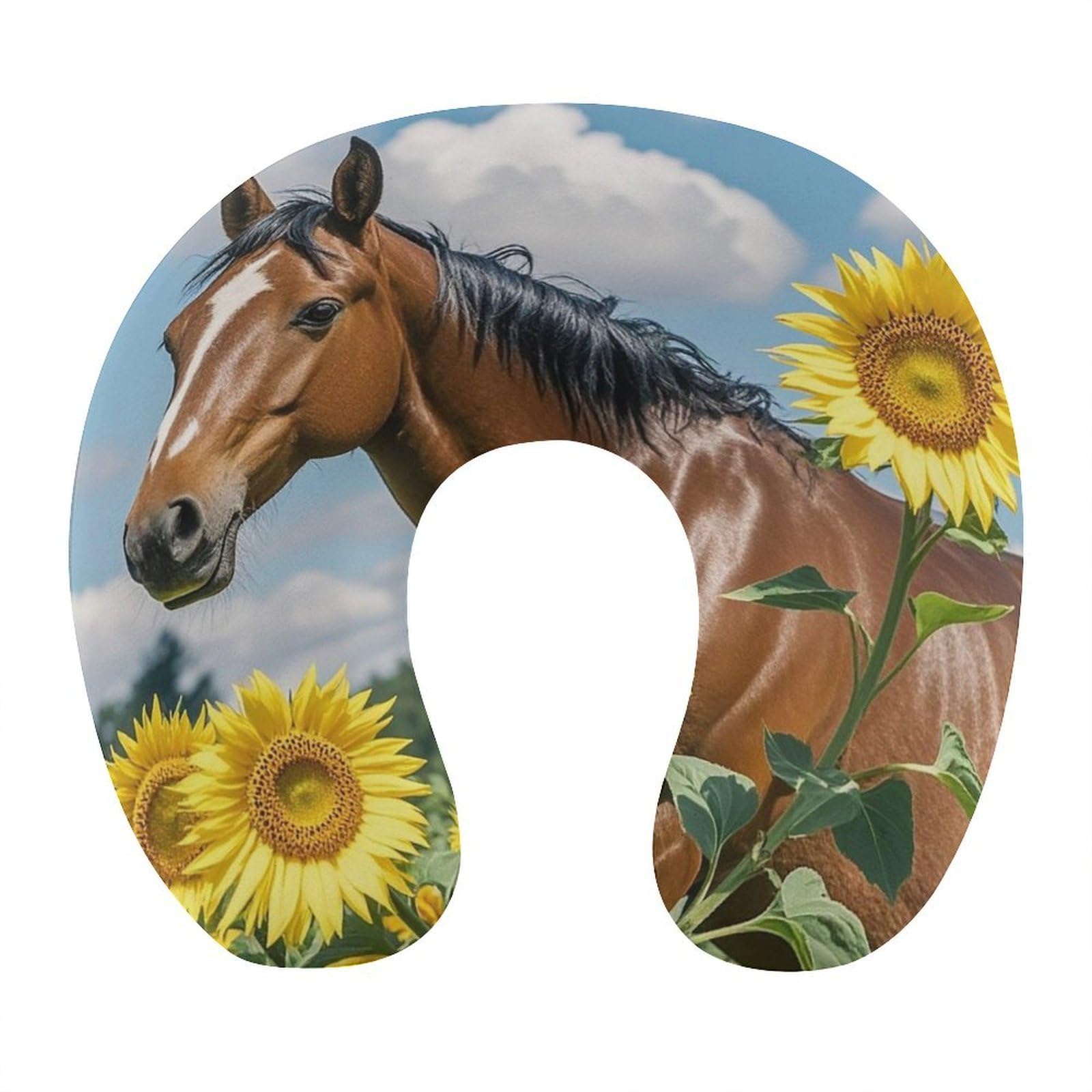 FekiLoot Horse and Sunflower Travel Pillow Comfortable U Shape Memory Foam Pillows Neck and Head Support Portable Travel Neck Pillow Suitable for Planes Trains Self-Driving Cars