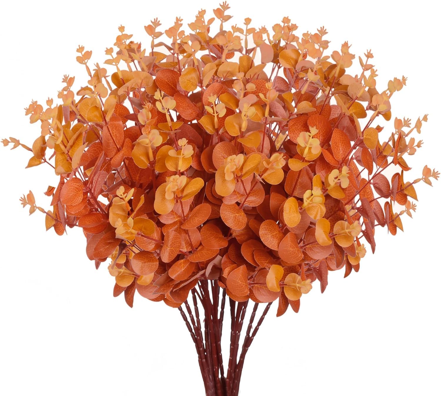3pcs Artificial Fall Eucalyptus Leaves Fake Eucalyptus Branches Faux Silk Eucalyptus Stems Orange Silver Dollar Eucalyptus Plant for Autumn Home Wedding Table Thanksgiving Decor(Orange)