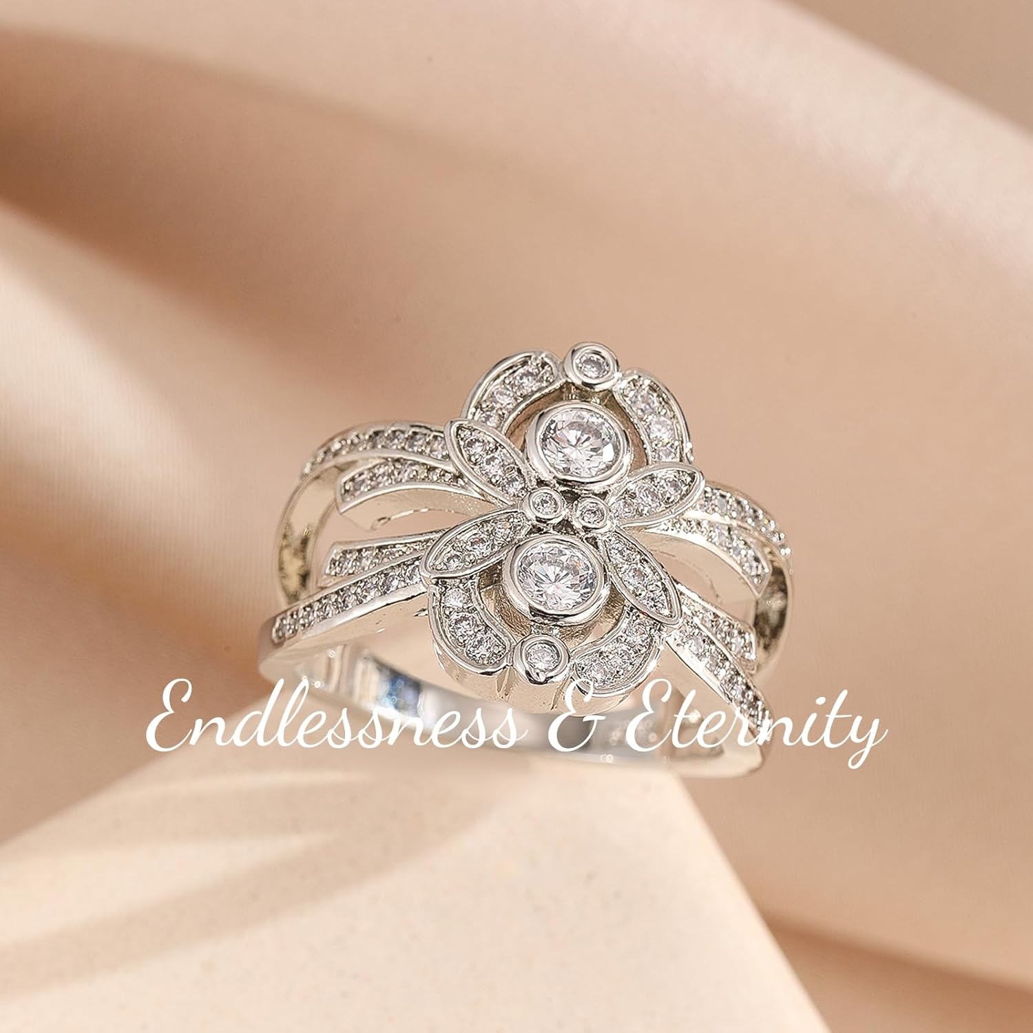 ENDLESSNESS & ETERNITY 2.5CT Round Cut Flower Half Eternity 14K White Gold Plated Wedding Band Ring Cubic Zirconia Engagement Promise Ring Gift for Women - Image 3