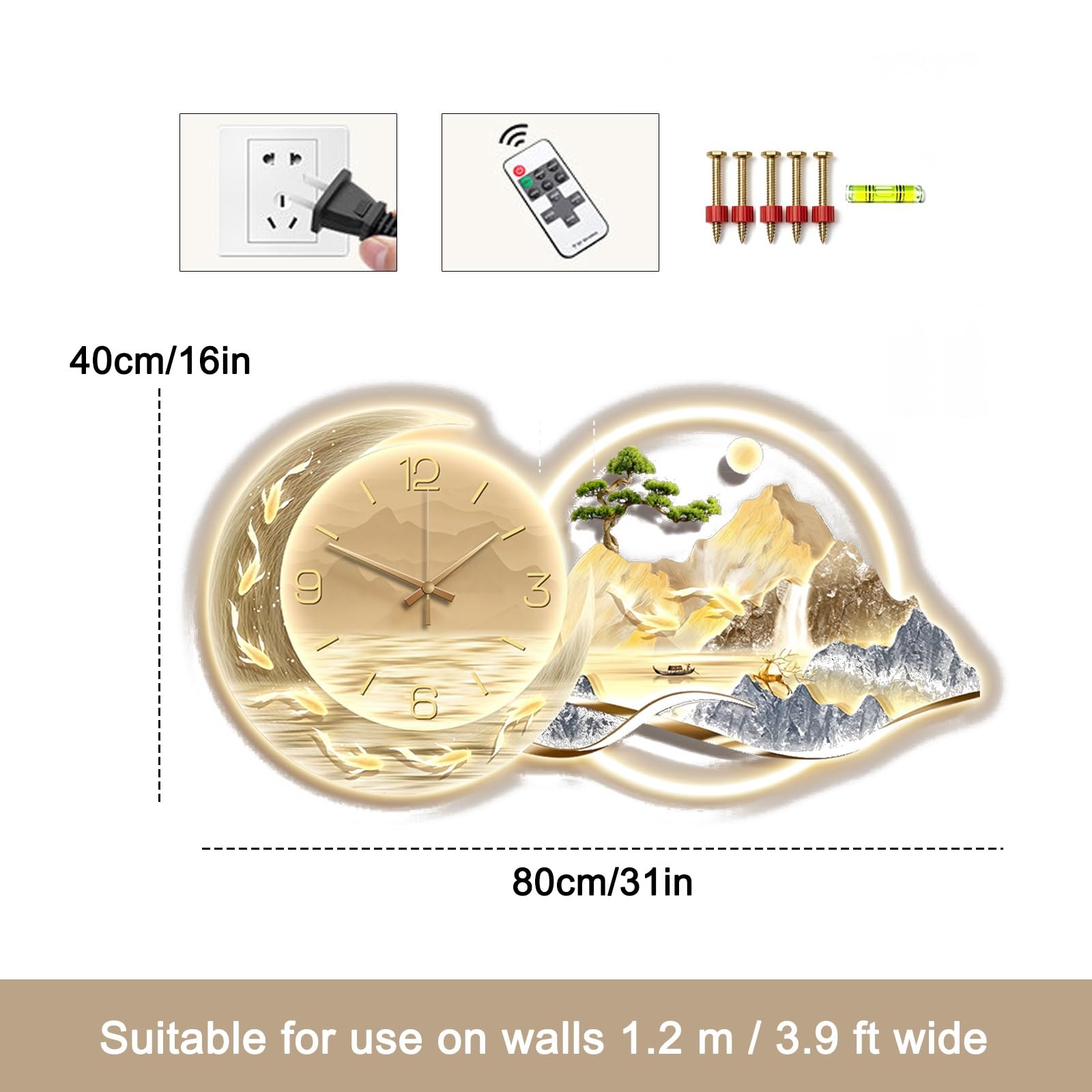 Zegar Ścienny 3D LED Sztuka Ścienna Podświetlenie Dekoracja | Ciche Ściany z Motywem Jeleni i Ryb Koi, Panel Ceramiczny HD, do Jadalni i Kuchni(H,40x80cm/16x31in)