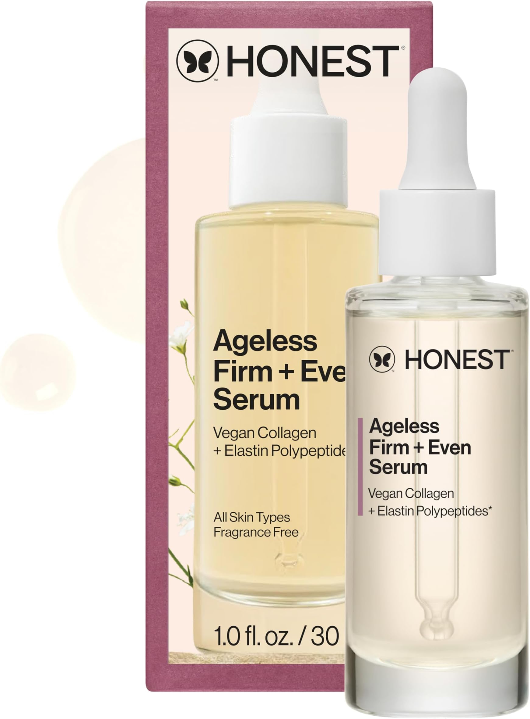 Honest Beauty Ageless Firm and Even Serum | Powered by Vegan Collagen and Elastin Polypeptides | Firmer-Looking Skin and Even Tone | Fragrance Free, EWG Verified, Vegan, Cruelty-Free | 1 fl oz