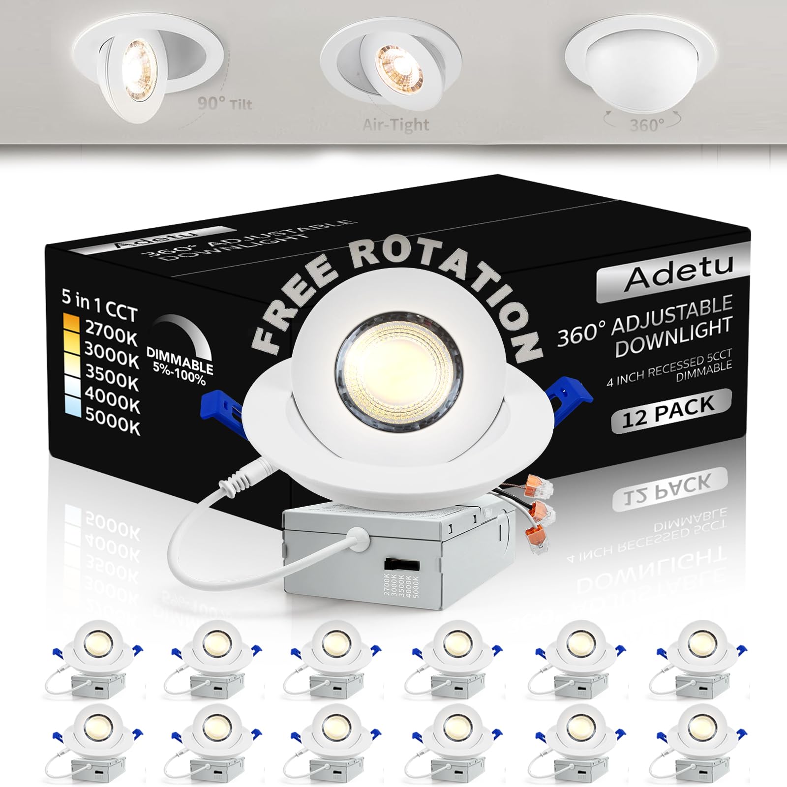 4 Inch Gimbal Led Recessed Light, 360°+90° Adjustable Directional Recessed Lighting, 2700K/3000K/3500K/4000K/5000K Dimmable Retrofit Eyeball Can Light with Jbox,ETL(White,12 Pack)