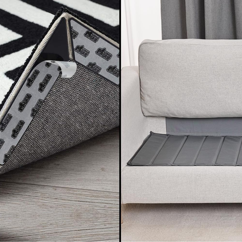 Gorilla Grip Rug Gripper Pads and Premium Sofa Support Board, Pad 12 Pack Black, Reusable Dual-Sided Flexible Sticky Pad, Board Size 78In Gray, Stays in Place, Improve Posture, 2 Item Bundle