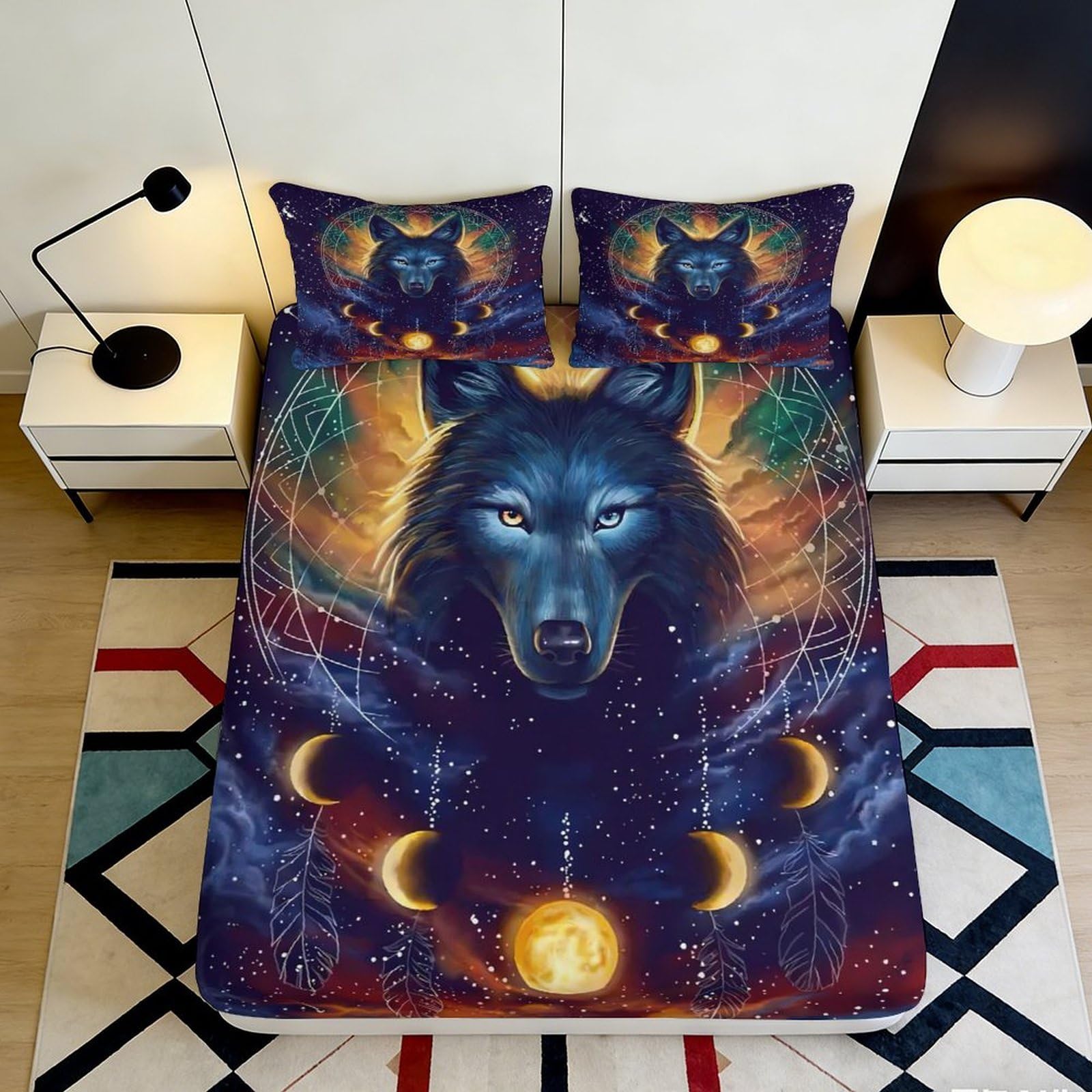 3D Printed Wolf Dreamcatcher Fitted Sheet Microfiber Soft Anti-Slip Cosmic Moon Bed Cover for Bedroom Guest Room Decor 180x200x25cm