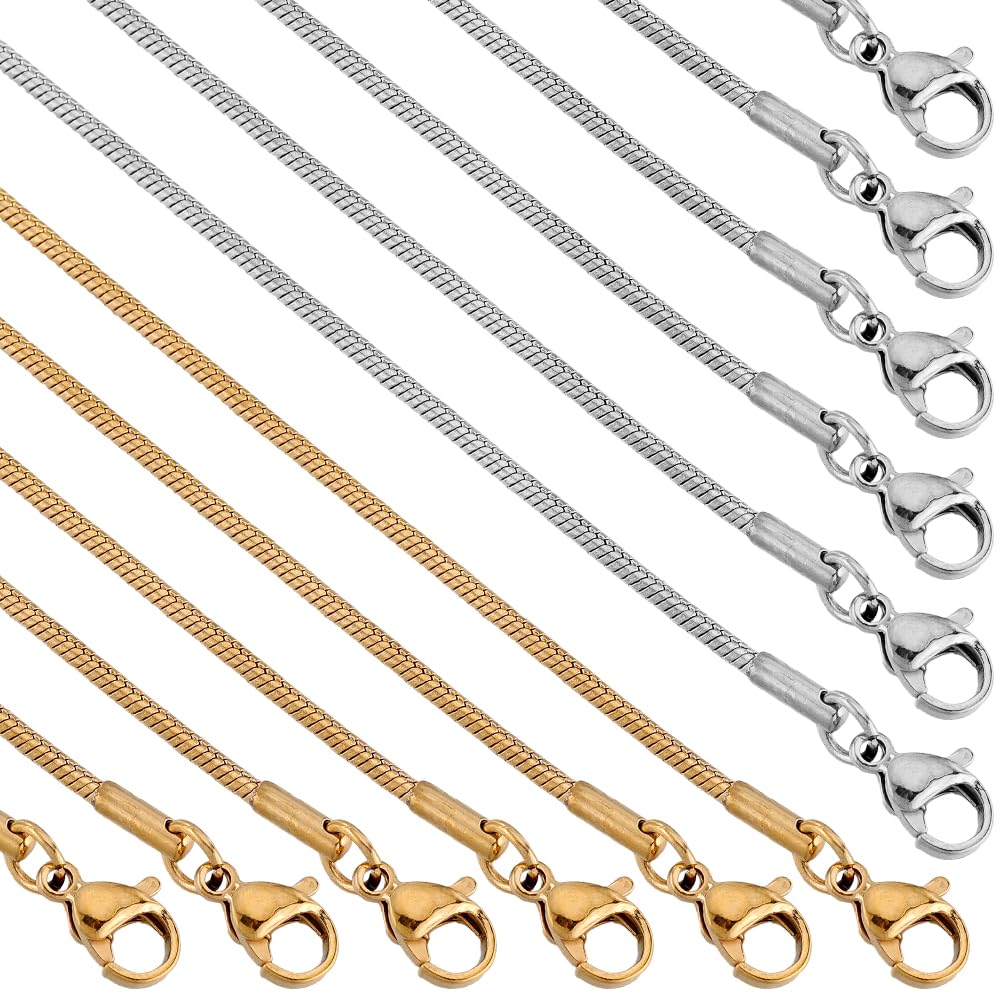 SUNNYCLUE 12 PACK 20 Inch/ 0.5m 1mm Stainless Steel Snake Chain Bulk Snake Necklace Making Metal Gold Silver Lobster Claw Clasps Cable Link Chains for jewellery Making Supplies Women Adult Diy Crafts