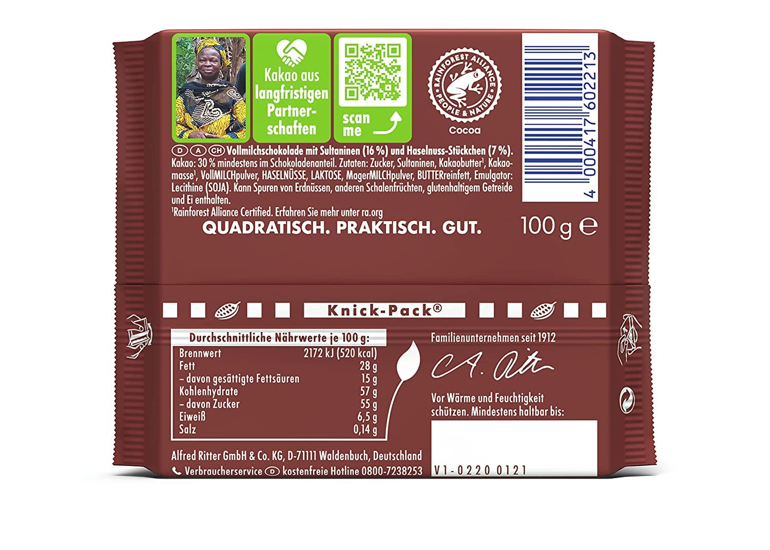 Nuevo diseño: RITTER SPORT uva nuez 100 g, chocolate con leche entera con uvas jugosas y nueces crujientes, chocolate de mesa con sabor a nuez afrutado