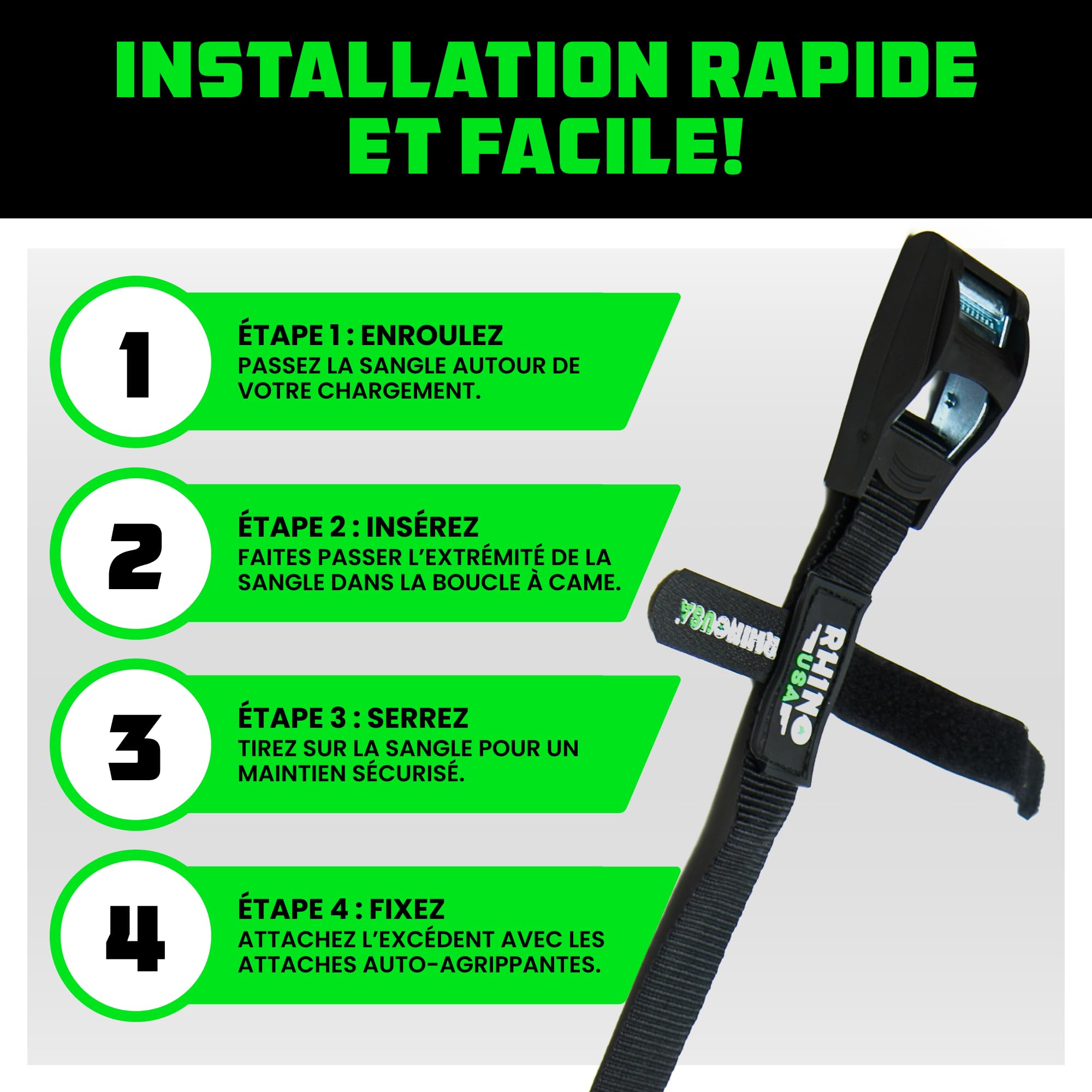 Rhino USA Sangles d'Arrimage (4) - Résistance Maximale à la Rupture de 500kg, Comprend (4) Sangles de Traction de 2.5cm x 3.6m, Sangles de Fixation pour Chargement, Kayak, Porte-Bagages de Toit