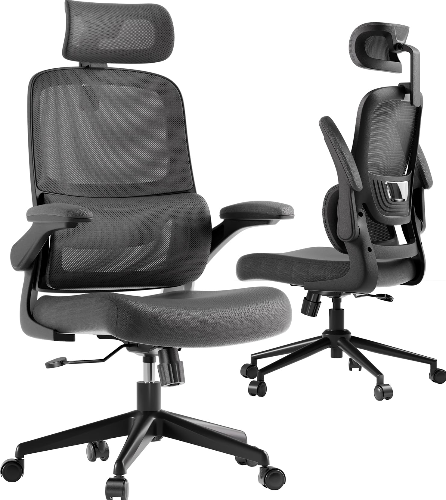 Hbada P1 Sedia Ufficio e Scrivania Ergonomica, con Supporto Lombare 2D Regolabile e Testiera Regolabile, Braccioli Ribaltabili e Cuscino Spesso, Oscillazione 12°, Mesh, Nero