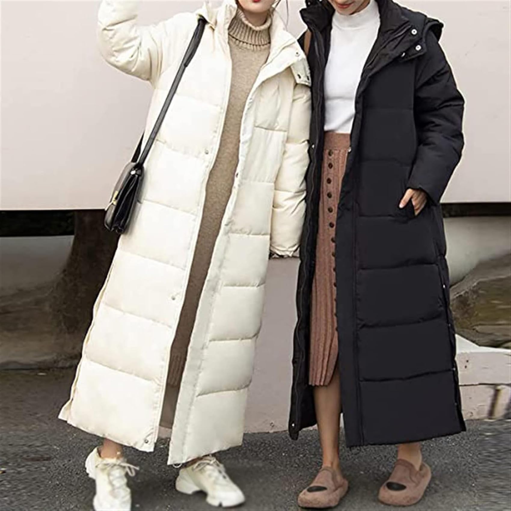 Piumino da Donna con Cappuccio Lungo, Cappotto Imbottito Caldo Invernale Giacca Invernale Monocromatica Piumino Trapuntato con Spacco alla Caviglia con Dolcevita,Nero,3XL