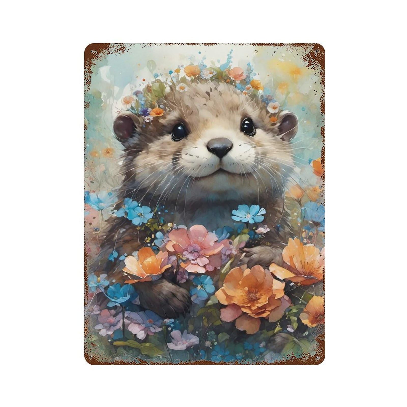 Garage Style Playful Otter Flower Crown Aged Metal Wall Plaque 15.7"x11.8", Farmhouse Wall Decor for Bar And Workshop