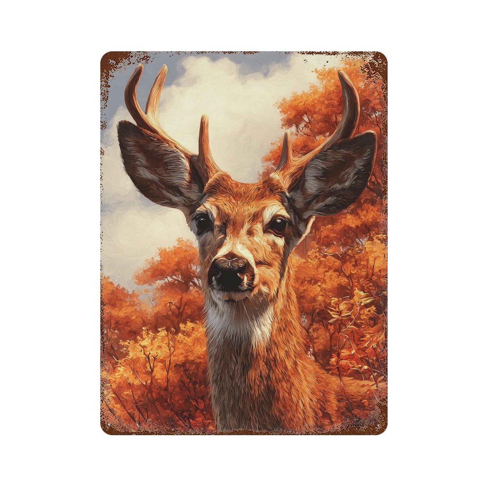 Garage Style Autumnal Deer Portrait Rusty Metal Tin Sign 15.7"x11.8", Farmhouse Wall Decor for Bar And Workshop