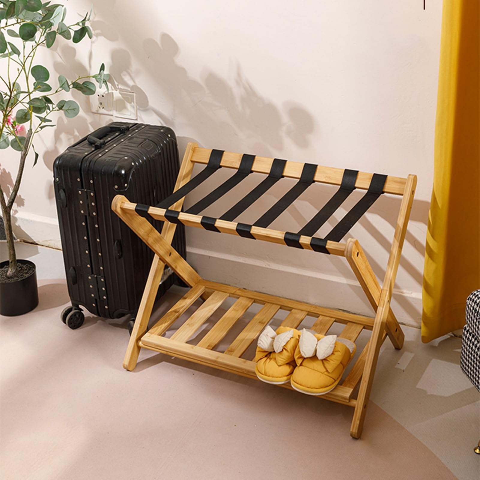 Portaequipajes plegable con compartimento de almacenamiento, soporte para maleta que ahorra espacio para hotel, habitación de invitados y hogar