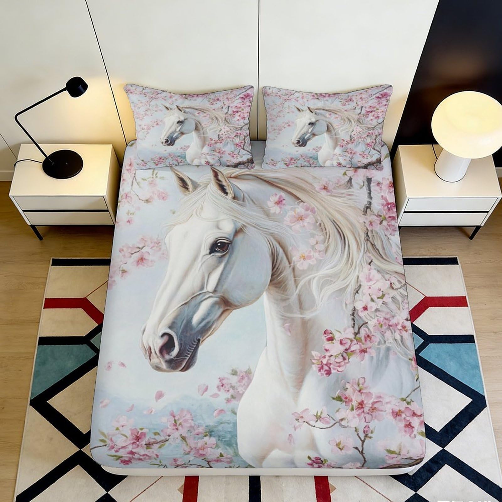 3D Printed White Horse Blossom Fitted Sheet Microfiber Soft Mattress Cover for Bedroom Guest Room Mattress Decor 140x200x25cm