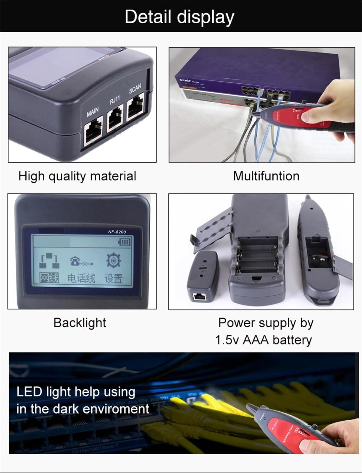 Localizzatore di Cavi, Tester for cavi di rete LAN con display LCD, tester continuità dei, lunghezza del filo ispezione