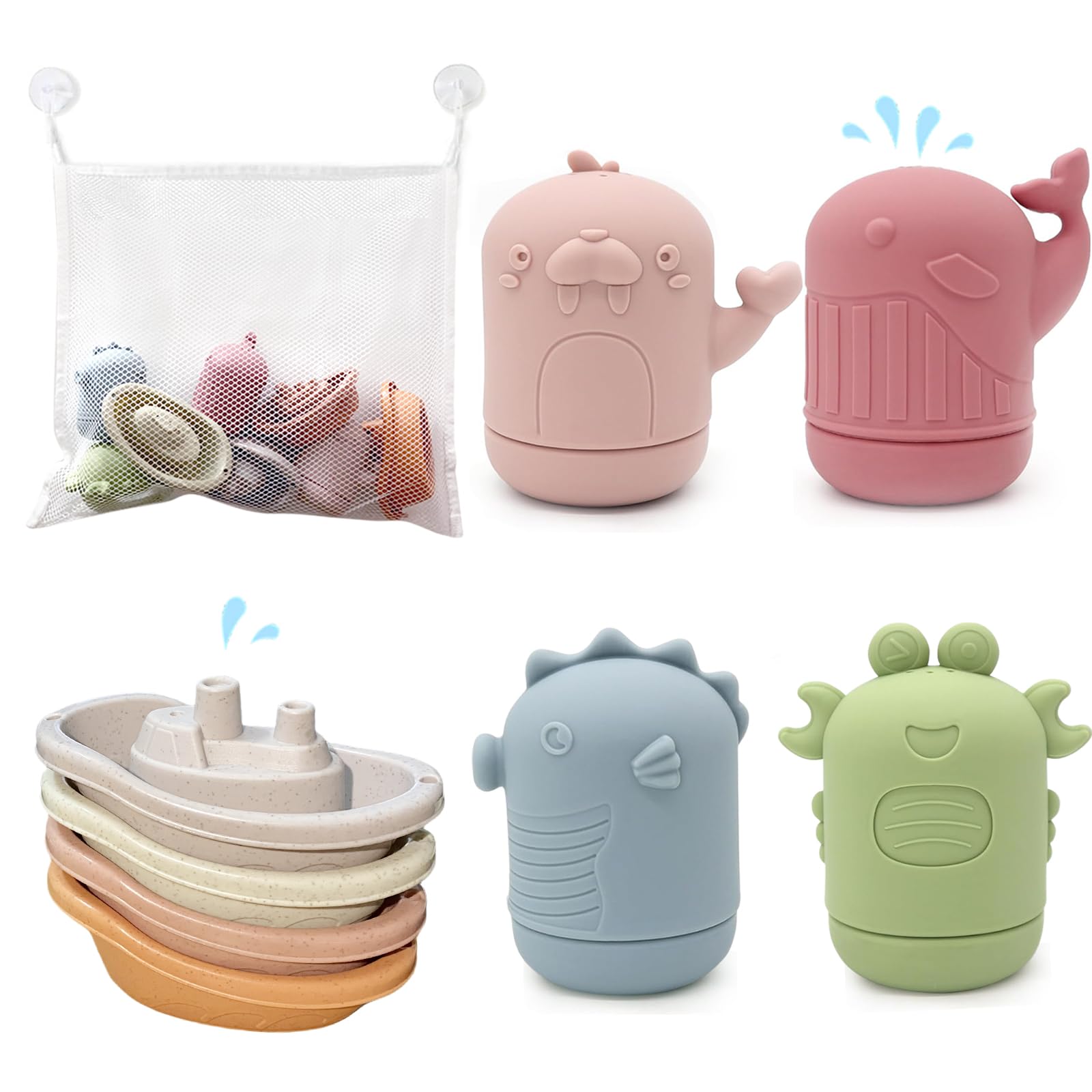 LYNSAN Juguetes de Baño para Bebés, 8 Piezas Juguetes Bañera Silicona con Barco y Bolsa de Almacenamiento, Animales de Juguete Flotantes, Juguetes Educativos Sensorial Juguete de Agua para Niños Niñas