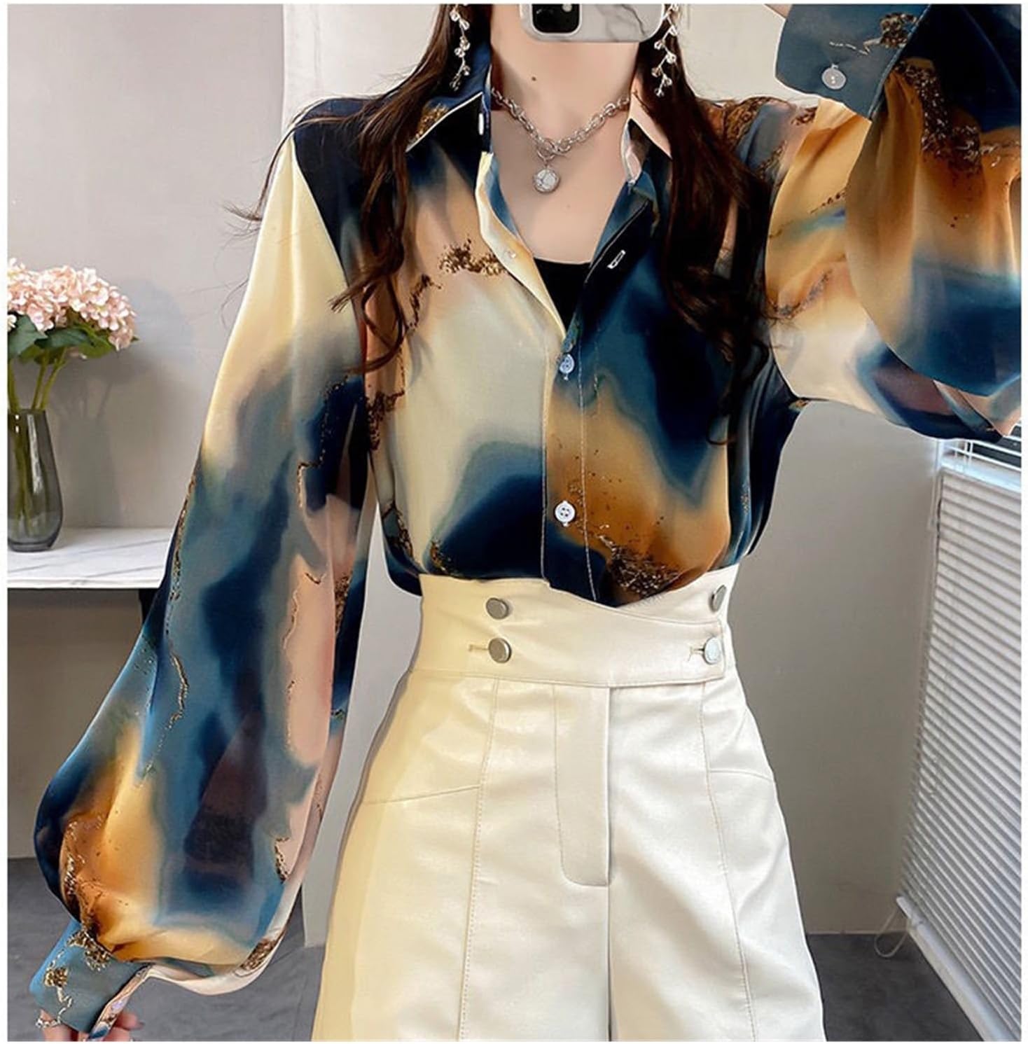 YMZTDDE ランタンスリーブプリントラペルボタンカジュアルシフォンシャツルーズ服通勤ブラウス(S(40-45kg))