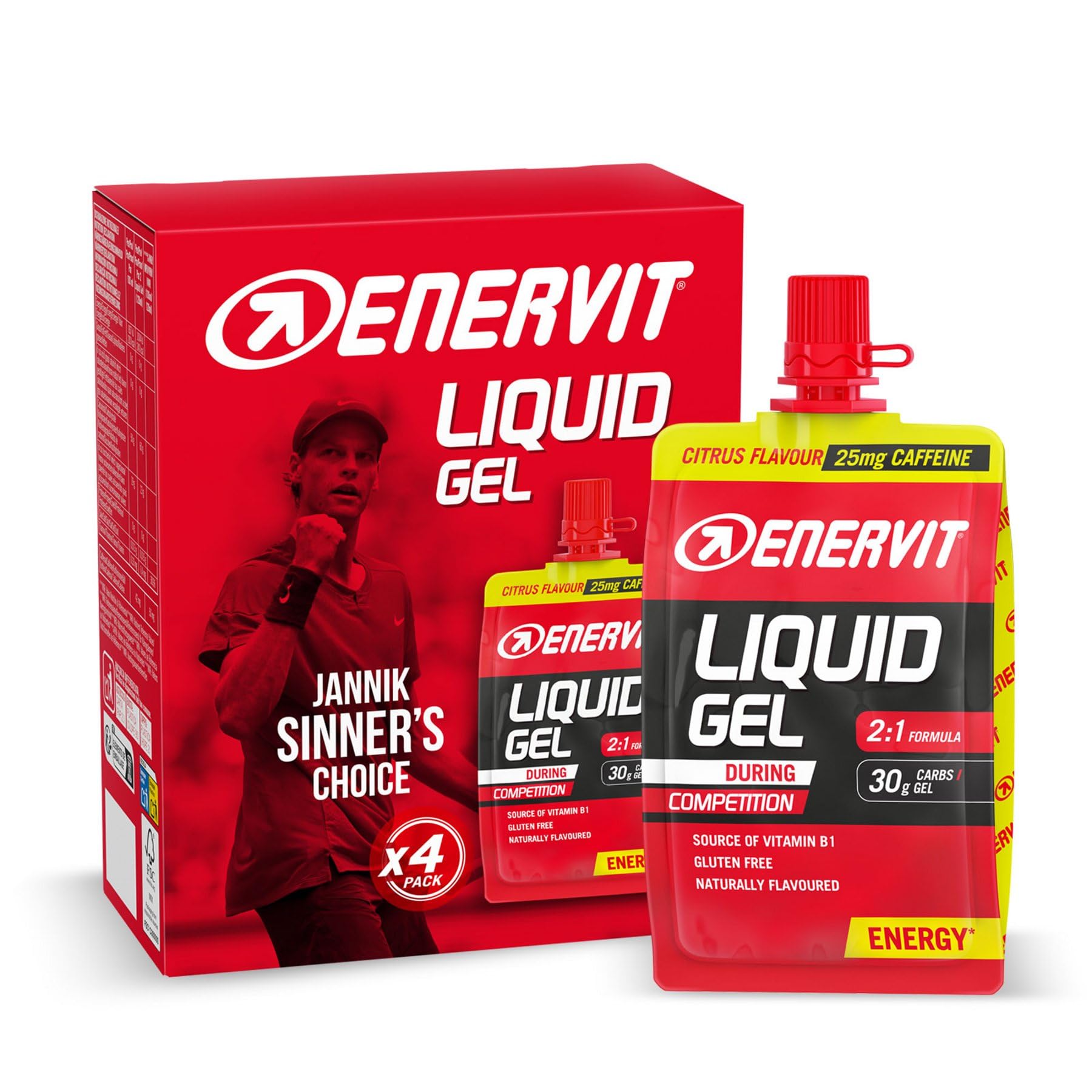 Enervit, Gel Sabor a Cítricos con Cafeína, Ideal para Deportes de Resistencia, Proporciona 30 Gramos de Carbohidratos, con Maltodextrina, Fructosa y Vitamina B1, 4 Unidades de 60 ml