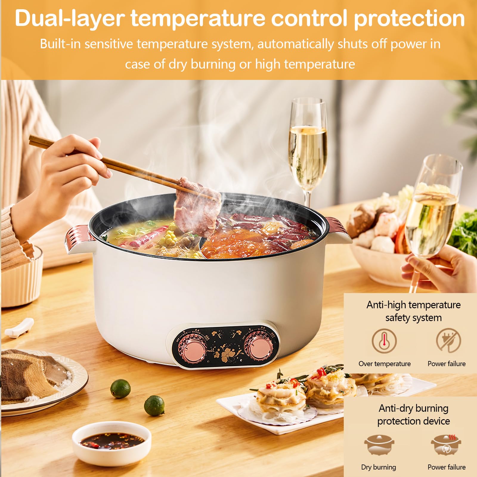 Appareil a Fondue, Fondue Chinoise 5 L à avec Compartiments Rechaud Electrique Pot 1 350 W avec 3 Réglages de Puissance pour Cuire des Fondues Préparer des Soupes Faire Bouillir des Nouilles
