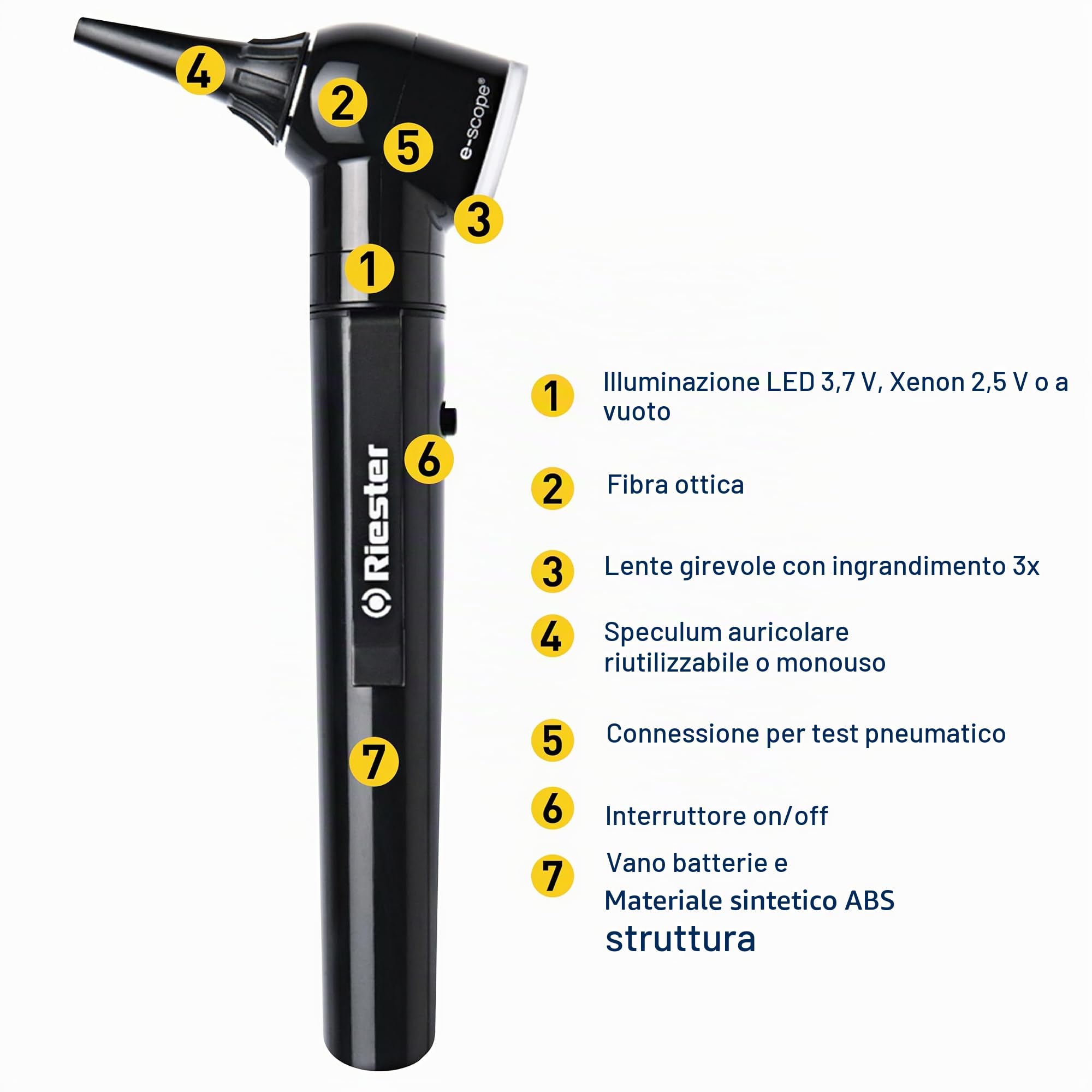 RIESTER - Otoscopio E-SCOPE F.O. LED 3,7V, nero in valigetta rigida, 31553
