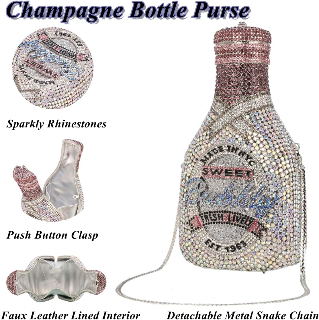 Women Champagne Bottle Rhinestone Clutch Unique Evening Bag Crystal Dinner Handbag Bride Purse for Party Cocktail