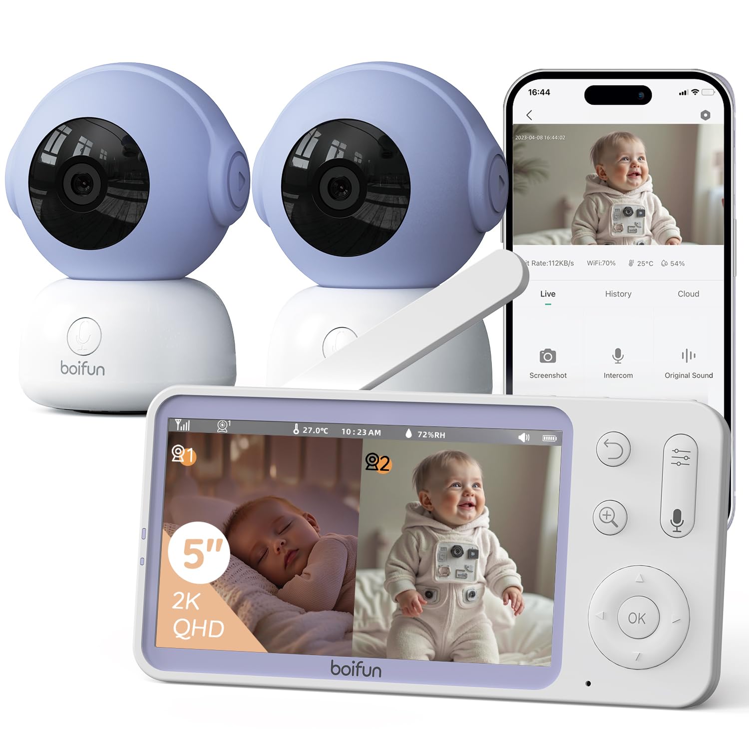 BOIFUN 2K Baby Monitor with 2 Cameras with Mobile App, 5" Split Screen, 360° Rotation, Motion Monitoring and Auto Tracking, Custom Area Alarm, 4X Zoom, VOX