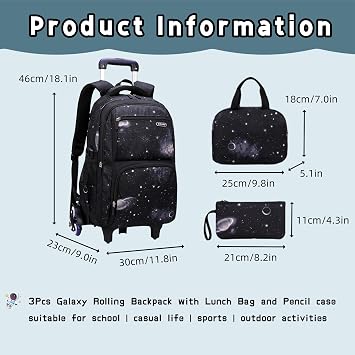 3Pcs Galaxy Boys Rolling Backpack Set with Lunch Bag, Galaxy Print Kids Backpack for Boys with Wheels