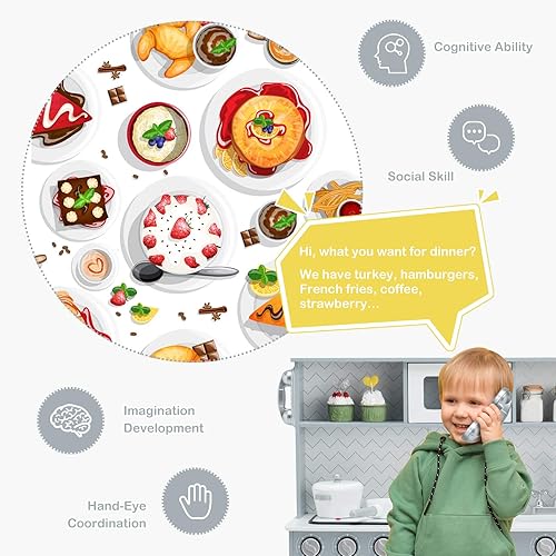 Miniatura 8 de KOTEK Juego de cocina de madera para niños pequeños con dispensador de agua y estufasluces y sonidos, microondas, horno, teléfono y utensilios de